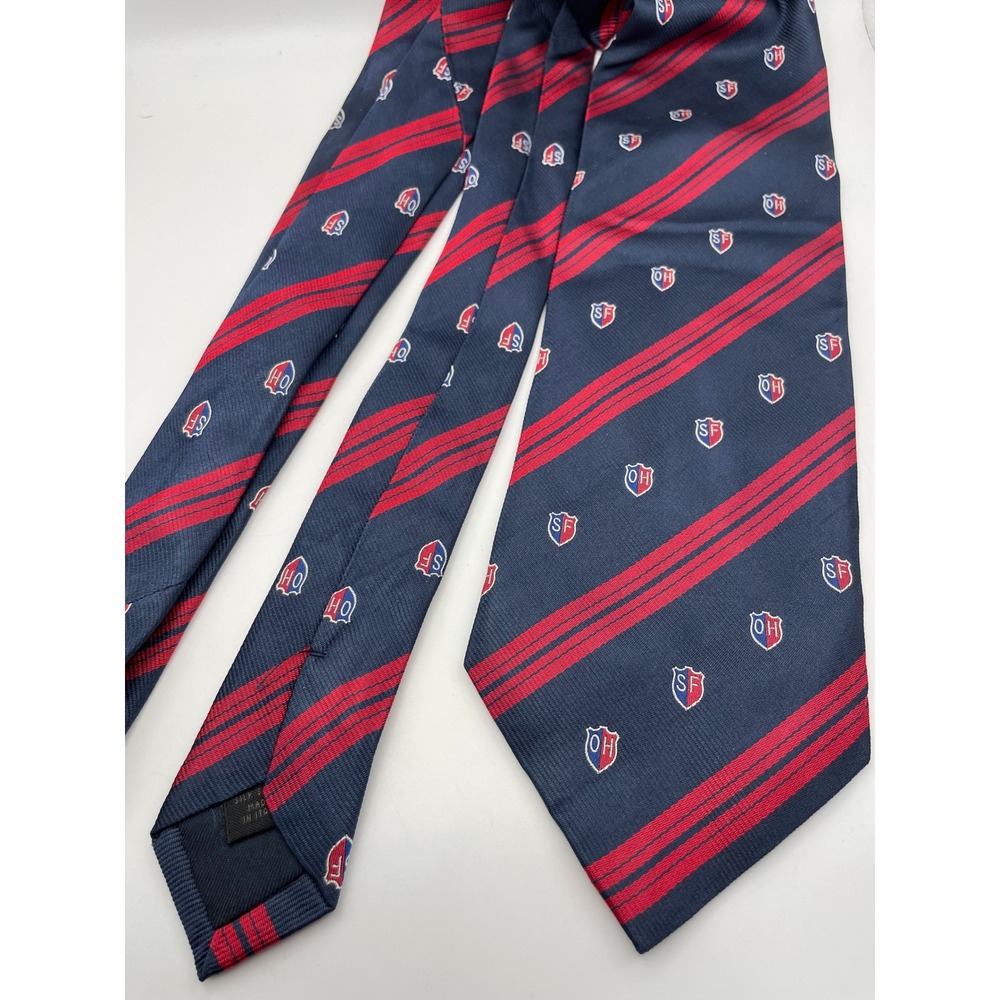 Altea Milano Silk Tie Navy Blue Red Striped Crest Shield Made in Italy Mens